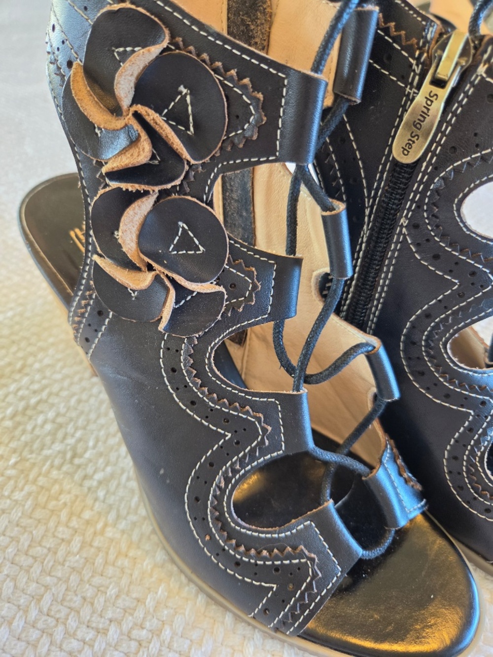 L'Artiste open toe booties black leather Alejandra, Spring Step laces heel boho - Picture 2 of 12